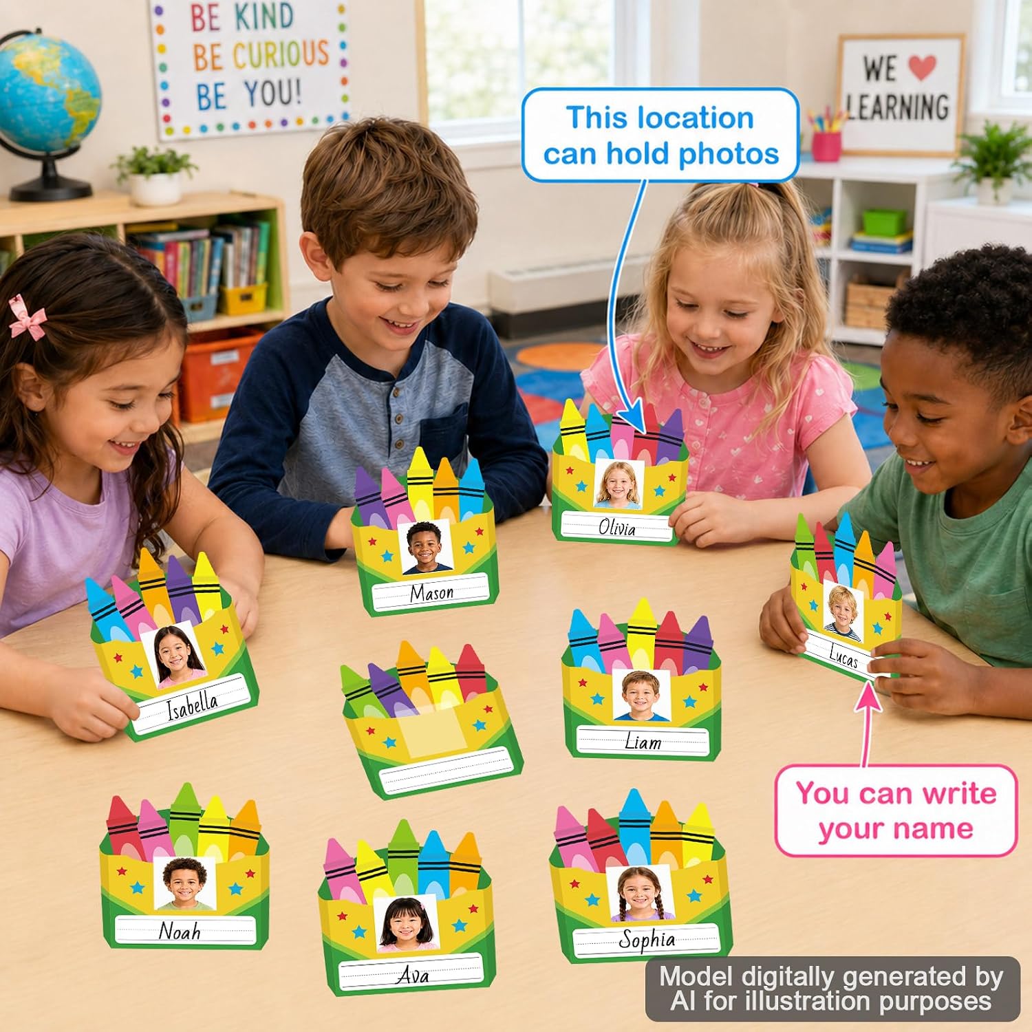 54PCS Crayon Box Book Desk Name Tags 4.9 x 4.9 Inches Students Photo Nameplates for Classroom Crayon Self Adhesive Name Tags Labels Stickers with Photo for Back to School Desk Bins Cubbies Supplies